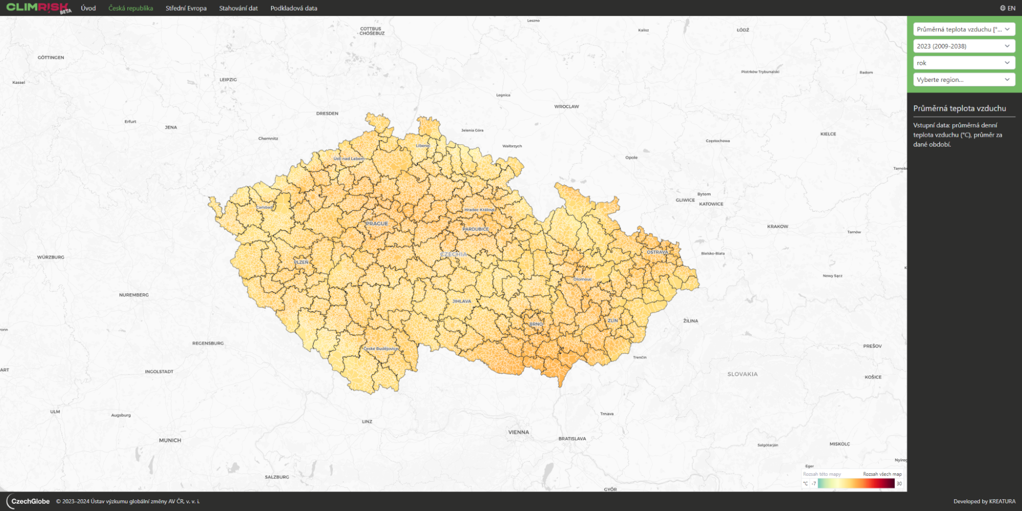 Ukázka stránky s mapou s výběrovým menu vpravo nahoře a legendou vpravo dole.