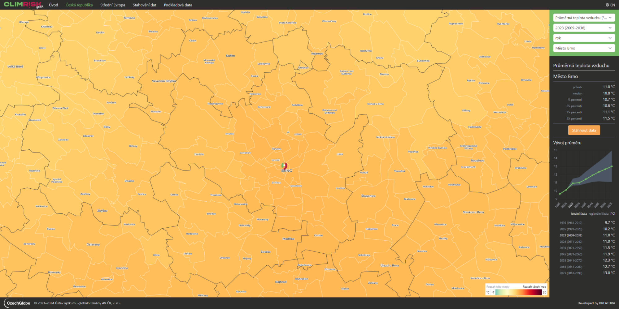 Ukázka výběru oblasti. V pravé části obrazovky jsou detailní informace pro vybranou oblast včetně grafu vývoje.