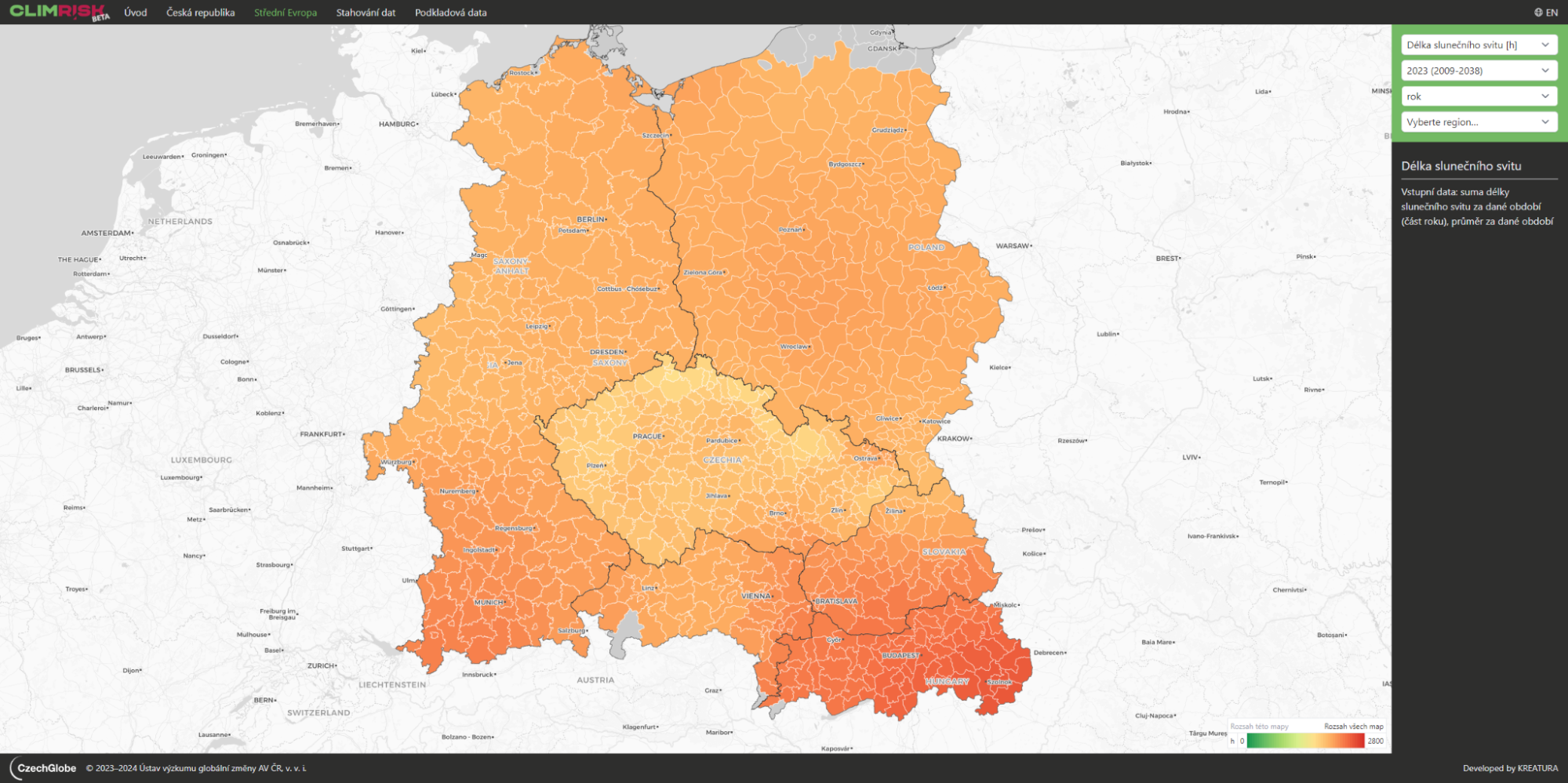 Ukázka stránky s mapou pro střední Evropu.